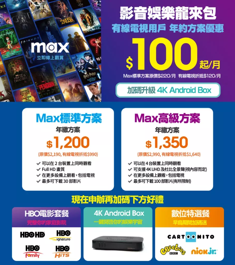 Max優惠限時開跑！台灣大寬頻專屬影音方案，每月只要100元起